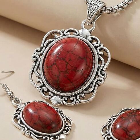 مجموعة مجوهرات غربية حمراء للنساء، قلادة فضية عتيقة من الحجر الصناعي البيضاوي وسوار وأقراط متدلية، هدايا إكسسوارات أزياء بوهو الجنوبية الغربية in Kuwait