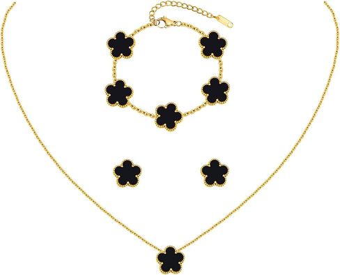 Clover Jewelry Set for Women, 18K Gold Plated Necklace Bracelet & Stud Earrings Set, Stainless Steel Non Tarnish Gold Jewelry Set, Lucky Necklace and Earring Set Gift for Her in Saudi Arabia