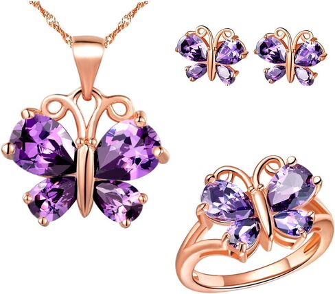 Uloveido Platinum Rose Gold Plated Purple White Crystal Cubic Zirconia Cute Charm Butterfly Pendant Necklace Earrings and Ring Cheap Jewelry Set for Women in Saudi Arabia