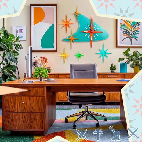 Thyle 25 inch Mid Century Modern Wall Clock Decor with 5 Pcs Retro 3D Star Art Wall Sculpture Starburst Clock art Vintage Home Decor Accent for Living Room Bedroom Office in Saudi Arabia