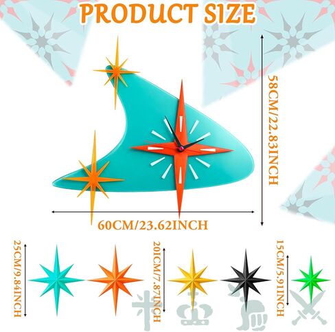 Thyle 25 inch Mid Century Modern Wall Clock Decor with 5 Pcs Retro 3D Star Art Wall Sculpture Starburst Clock art Vintage Home Decor Accent for Living Room Bedroom Office in Saudi Arabia