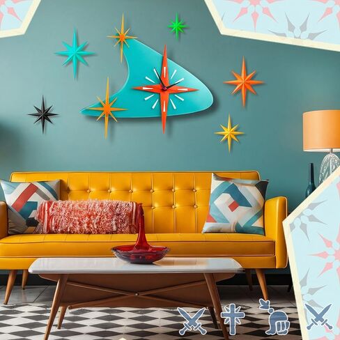 Thyle 25 inch Mid Century Modern Wall Clock Decor with 5 Pcs Retro 3D Star Art Wall Sculpture Starburst Clock art Vintage Home Decor Accent for Living Room Bedroom Office in Saudi Arabia