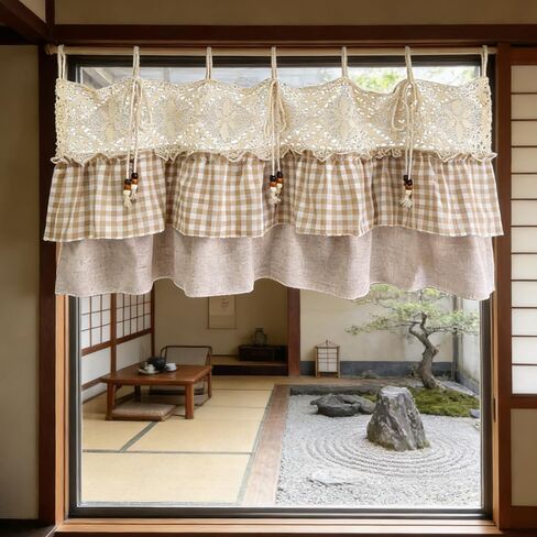 تصميم كوخ المزرعة ذو طبقات مكشكشة شبه شفافة وربطة عنق قصيرة لمطبخ المقهى، ستارة أنيقة على طراز مربعات الجاموس الساحرة، لوحة واحدة (بيج، عرض 79 × ارتفاع 20 بوصة) in Kuwait