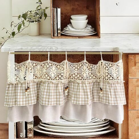 تصميم كوخ المزرعة ذو طبقات مكشكشة شبه شفافة وربطة عنق قصيرة لمطبخ المقهى، ستارة أنيقة على طراز مربعات الجاموس الساحرة، لوحة واحدة (بيج، عرض 79 × ارتفاع 20 بوصة) in Kuwait