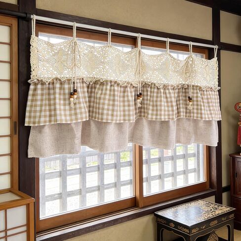 تصميم كوخ المزرعة ذو طبقات مكشكشة شبه شفافة وربطة عنق قصيرة لمطبخ المقهى، ستارة أنيقة على طراز مربعات الجاموس الساحرة، لوحة واحدة (بيج، عرض 79 × ارتفاع 20 بوصة) in Kuwait