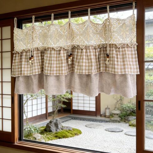 تصميم كوخ المزرعة ذو طبقات مكشكشة شبه شفافة وربطة عنق قصيرة لمطبخ المقهى، ستارة أنيقة على طراز مربعات الجاموس الساحرة، لوحة واحدة (بيج، عرض 79 × ارتفاع 20 بوصة) in Kuwait