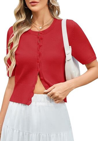 Women Short Sleeve Cardigan Summer Sweater Slim Fitted Button Down Shirt Scalloped Front Y2k Crop Top in Saudi Arabia