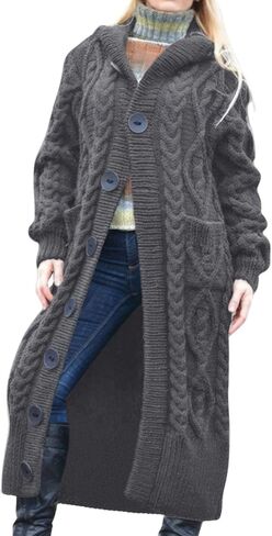 ebossy Women's Long Sleeve Hooded Cardigan Chunky Cable Knit Plus Size Over Knee Duster Coat with Pockets in Saudi Arabia