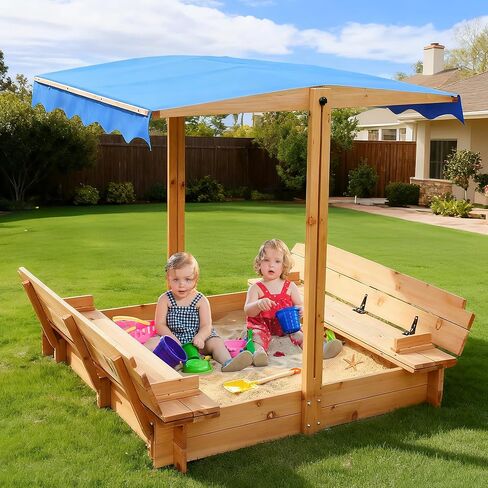 FUNTOK 48''x48'' Kids Sandbox with Lid, Wooden Sand Box with Foldable Bench Seats, Rotatable Canopy, UV-Protection, 300 Lbs Weight Capacity, for Backyard, Patio, Outdoor Play in Saudi Arabia