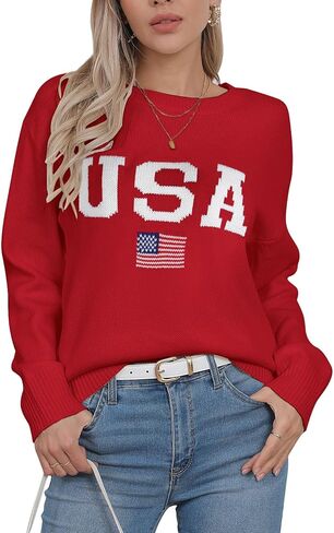 سترة نسائية من Assol Lamesa برسومات العلم الأمريكي وأكمام طويلة وسترات صوفية ورقبة دائرية متماسكة in Kuwait