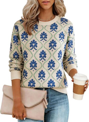 Yeokou Women Floral Sweater Crewneck Long Sleeve Knit Print Pullover Casual Chunky Knitwear in Saudi Arabia