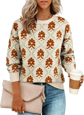 Yeokou Women Floral Sweater Crewneck Long Sleeve Knit Print Pullover Casual Chunky Knitwear in Saudi Arabia