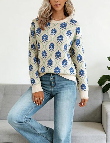 Yeokou Women Floral Sweater Crewneck Long Sleeve Knit Print Pullover Casual Chunky Knitwear in Saudi Arabia