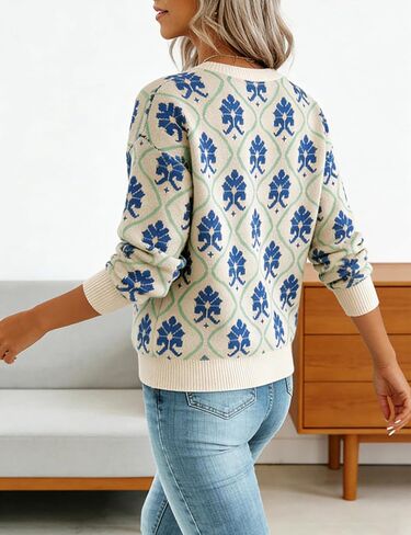 Yeokou Women Floral Sweater Crewneck Long Sleeve Knit Print Pullover Casual Chunky Knitwear in Saudi Arabia
