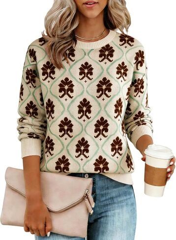 Yeokou Women Floral Sweater Crewneck Long Sleeve Knit Print Pullover Casual Chunky Knitwear in Saudi Arabia