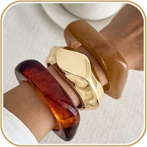 مكتنزة الراتنج الإسورة سوار مجموعة الذهب لهجة بيان الاكريليك أساور للنساء 3 قطعة واسعة الكفة مجوهرات تكويم الأساور الجريئة in Kuwait