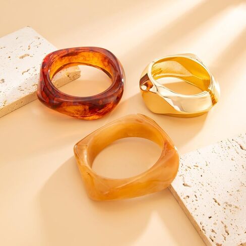 مكتنزة الراتنج الإسورة سوار مجموعة الذهب لهجة بيان الاكريليك أساور للنساء 3 قطعة واسعة الكفة مجوهرات تكويم الأساور الجريئة in Kuwait