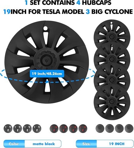 PM Auto Set of 4 Wheel Covers Big Cyclone Hubcaps Matte Black Direct Replacement for 2017-2023 Tesla 3 19 inch Without Highland in Saudi Arabia