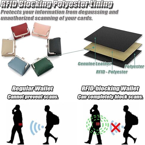 محفظة صغيرة ثلاثية الطي من الجلد الطبيعي للنساء، حامل بطاقات حجب RFID، محفظة مدمجة بقفل قبلة مع 8 فتحات للبطاقات in Kuwait