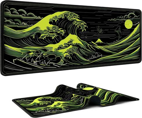 Japanese Great Wave Gaming Mouse Pad, XL Extended Size 31.5 x 11.8 inches, Neon Green Design, Water-Resistant Surface, Non-Slip Base in Saudi Arabia