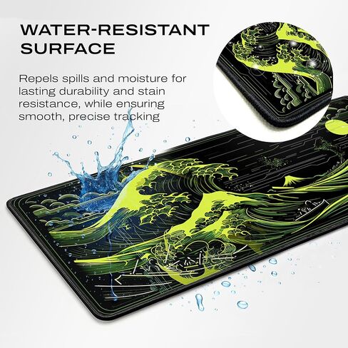 Japanese Great Wave Gaming Mouse Pad, XL Extended Size 31.5 x 11.8 inches, Neon Green Design, Water-Resistant Surface, Non-Slip Base in Saudi Arabia