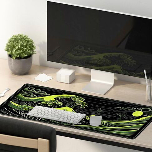 Japanese Great Wave Gaming Mouse Pad, XL Extended Size 31.5 x 11.8 inches, Neon Green Design, Water-Resistant Surface, Non-Slip Base in Saudi Arabia