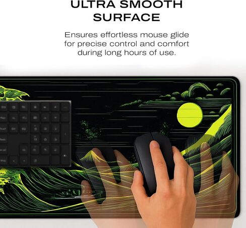 Japanese Great Wave Gaming Mouse Pad, XL Extended Size 31.5 x 11.8 inches, Neon Green Design, Water-Resistant Surface, Non-Slip Base in Saudi Arabia