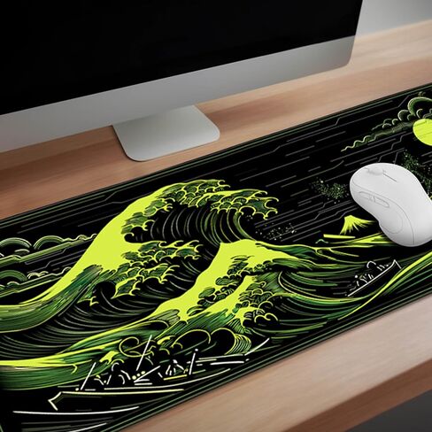 Japanese Great Wave Gaming Mouse Pad, XL Extended Size 31.5 x 11.8 inches, Neon Green Design, Water-Resistant Surface, Non-Slip Base in Saudi Arabia