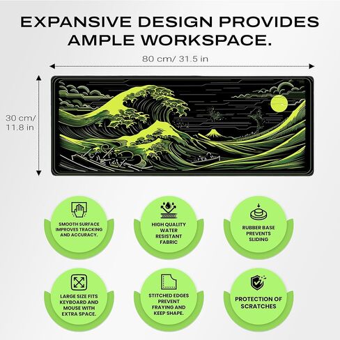 Japanese Great Wave Gaming Mouse Pad, XL Extended Size 31.5 x 11.8 inches, Neon Green Design, Water-Resistant Surface, Non-Slip Base in Saudi Arabia