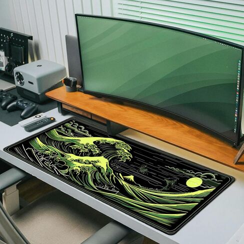 Japanese Great Wave Gaming Mouse Pad, XL Extended Size 31.5 x 11.8 inches, Neon Green Design, Water-Resistant Surface, Non-Slip Base in Saudi Arabia