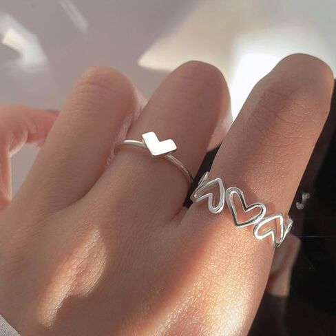 Vintage Stacking Love Heart Ring Silver Heart Finger Ring Hollow Love Heart Ring Heart Knuckle Rings Double Love Rings Jewelry for Women 2Pcs in Saudi Arabia