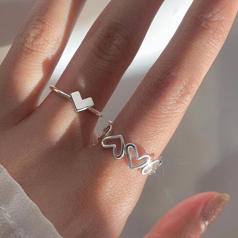 Vintage Stacking Love Heart Ring Silver Heart Finger Ring Hollow Love Heart Ring Heart Knuckle Rings Double Love Rings Jewelry for Women 2Pcs in Saudi Arabia