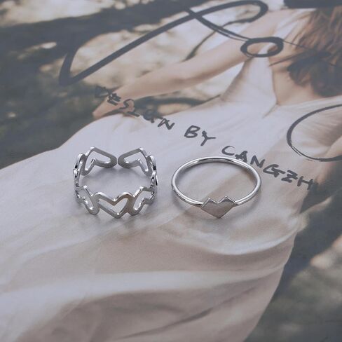 Vintage Stacking Love Heart Ring Silver Heart Finger Ring Hollow Love Heart Ring Heart Knuckle Rings Double Love Rings Jewelry for Women 2Pcs in Saudi Arabia