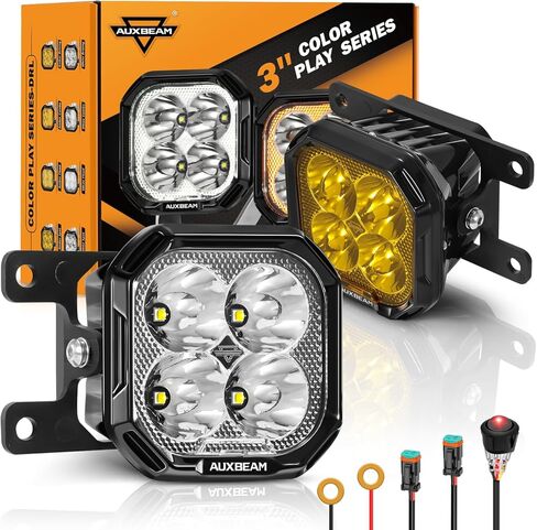 سلسلة Auxbeam Color Play Series 3 بوصات 100 وات LED لمصابيح LED لسيارة Ford Honda Nissan Subaru Acura، شريط إضاءة للطرق الوعرة باللون الأبيض الكهرماني DRL ووظيفة إشارة الانعطاف، حزمة دعامات التثبيت المتساطحة in Kuwait