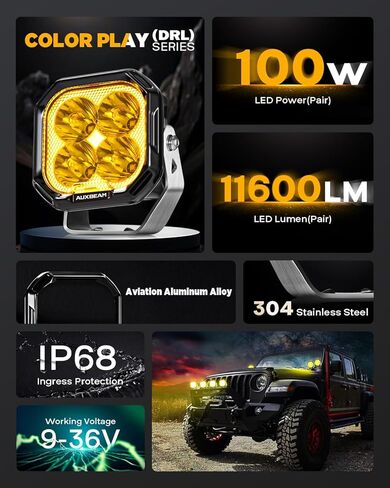 سلسلة Auxbeam Color Play Series 3 بوصات 100 وات LED لمصابيح LED لسيارة Ford Honda Nissan Subaru Acura، شريط إضاءة للطرق الوعرة باللون الأبيض الكهرماني DRL ووظيفة إشارة الانعطاف، حزمة دعامات التثبيت المتساطحة in Kuwait