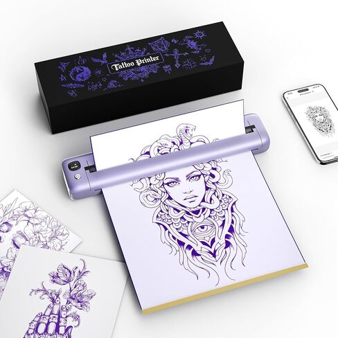 طابعة Rongta Tattoo Stencil، طابعة الوشم الحرارية اللاسلكية F81S مع 5 قطع من ورق النقل، متوافقة مع الهاتف/الكمبيوتر اللوحي/الكمبيوتر الشخصي، مستلزمات الوشم لفناني الوشم، أسود in Kuwait