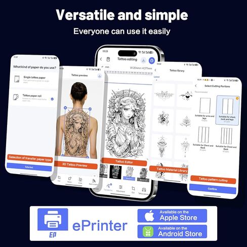 طابعة GBK Tattoo Stencil، مطبوعات طويلة، نقل حراري مع 10 قطع من أوراق النقل، بلوتوث لاسلكي متوافق مع الوسادة والهاتف الذكي لفناني الوشم والمبتدئين (طابعة الوشم) in Saudi Arabia