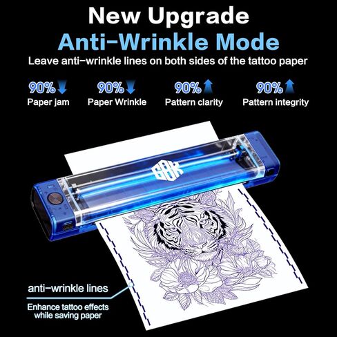 طابعة GBK Tattoo Stencil، مطبوعات طويلة، نقل حراري مع 10 قطع من أوراق النقل، بلوتوث لاسلكي متوافق مع الوسادة والهاتف الذكي لفناني الوشم والمبتدئين (طابعة الوشم) in Saudi Arabia