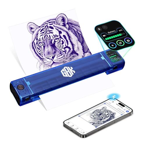 طابعة GBK Tattoo Stencil، مطبوعات طويلة، نقل حراري مع 10 قطع من أوراق النقل، بلوتوث لاسلكي متوافق مع الوسادة والهاتف الذكي لفناني الوشم والمبتدئين (طابعة الوشم) in Kuwait