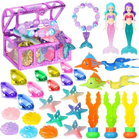 VGOFUN Diving Gems Pool Toys,10 Pcs Colorful Diamond with Treasure Chest Pirate Box Kids Swim Toys Acrylic Underwater Gemstone for Boys Girls Bath Toys Swimming Training Gift Water Pool Games in Saudi Arabia