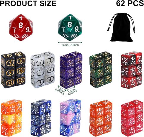 62PCS 12mm MTG Dice Set with Plus 1 Life Counter & Shield & Spindown Dice in 10 Colors for Magic The Gatering, Compatible with CCG Creature Stats TCG Magic Card Gaming Accessories in Kuwait