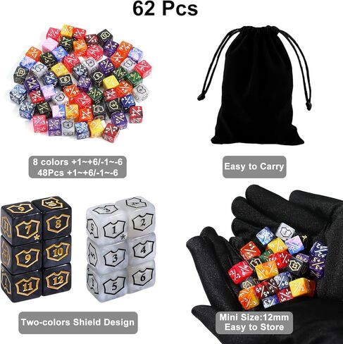 62PCS 12mm MTG Dice Set with Plus 1 Life Counter & Shield & Spindown Dice in 10 Colors for Magic The Gatering, Compatible with CCG Creature Stats TCG Magic Card Gaming Accessories in Kuwait