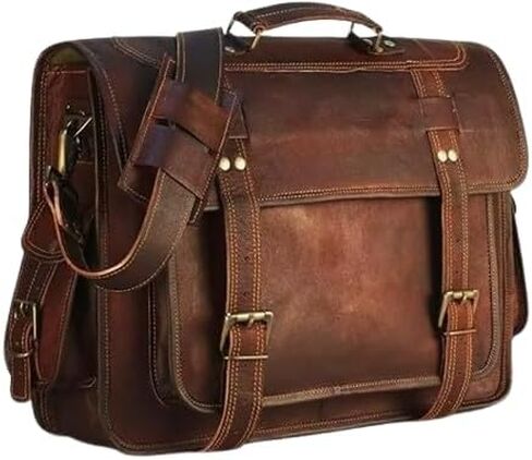 حقيبة RAJERIYA جلدية للرجال، كمبيوتر محمول مقاس 18 بوصة، حقيبة كتف جلدية عتيقة مصنوعة يدويًا، حقيبة عمل محببة بالكامل للمكتب/العمل/السفر. in Kuwait