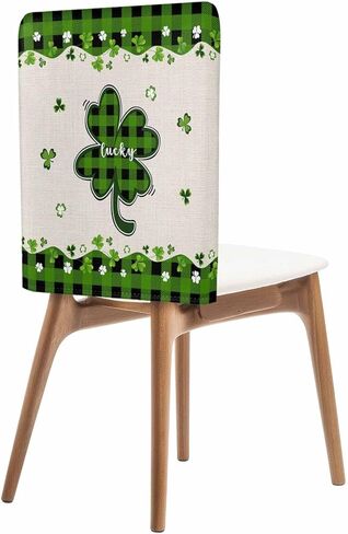 Savannan St. Patrick's Day Shamrock Dining Chair Back Covers, White Wooden Green and Black Plaid Chair Covers Chair Slipcovers Protective Covers for Holiday Party Festival Decoration, Set of 4 in Saudi Arabia