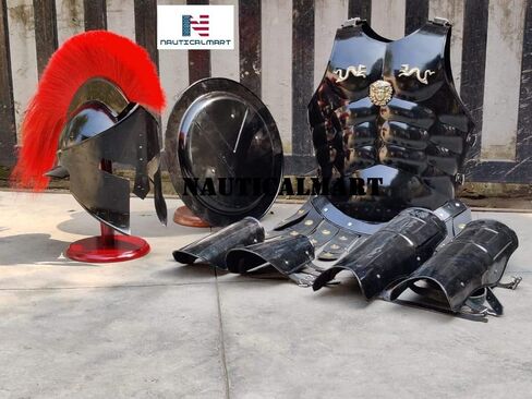 Medieval Roman King Leonidas 300 Spartan Helmet W/Red Plume + Muscle Armor + Shield + Leg Or Arm Guard by NauticalMart in Saudi Arabia