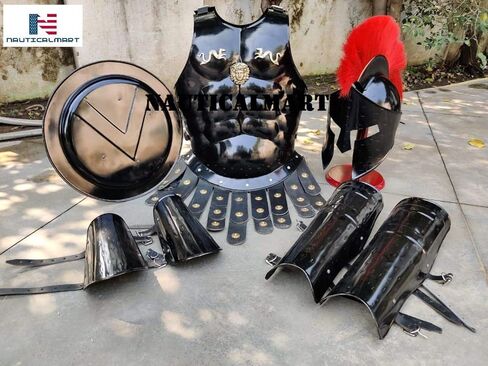 Medieval Roman King Leonidas 300 Spartan Helmet W/Red Plume + Muscle Armor + Shield + Leg Or Arm Guard by NauticalMart in Saudi Arabia
