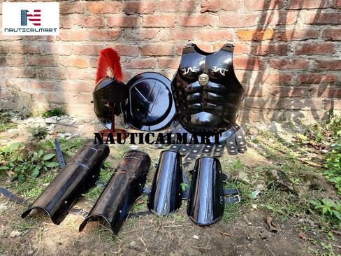 Medieval Roman King Leonidas 300 Spartan Helmet W/Red Plume + Muscle Armor + Shield + Leg Or Arm Guard by NauticalMart in Saudi Arabia