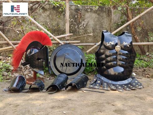 Medieval Roman King Leonidas 300 Spartan Helmet W/Red Plume + Muscle Armor + Shield + Leg Or Arm Guard by NauticalMart in Saudi Arabia