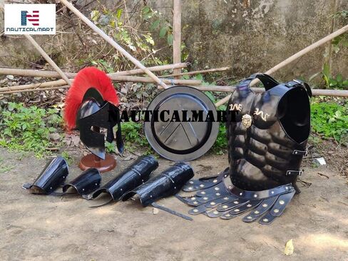 Medieval Roman King Leonidas 300 Spartan Helmet W/Red Plume + Muscle Armor + Shield + Leg Or Arm Guard by NauticalMart in Saudi Arabia