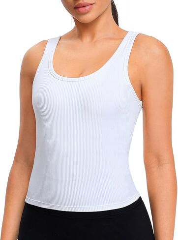 YUNOGA Ribbed Sports Bras for Women - Longline Padded Workout Tops with Built-in Bra U Back Yoga Crop Tank Top in Saudi Arabia